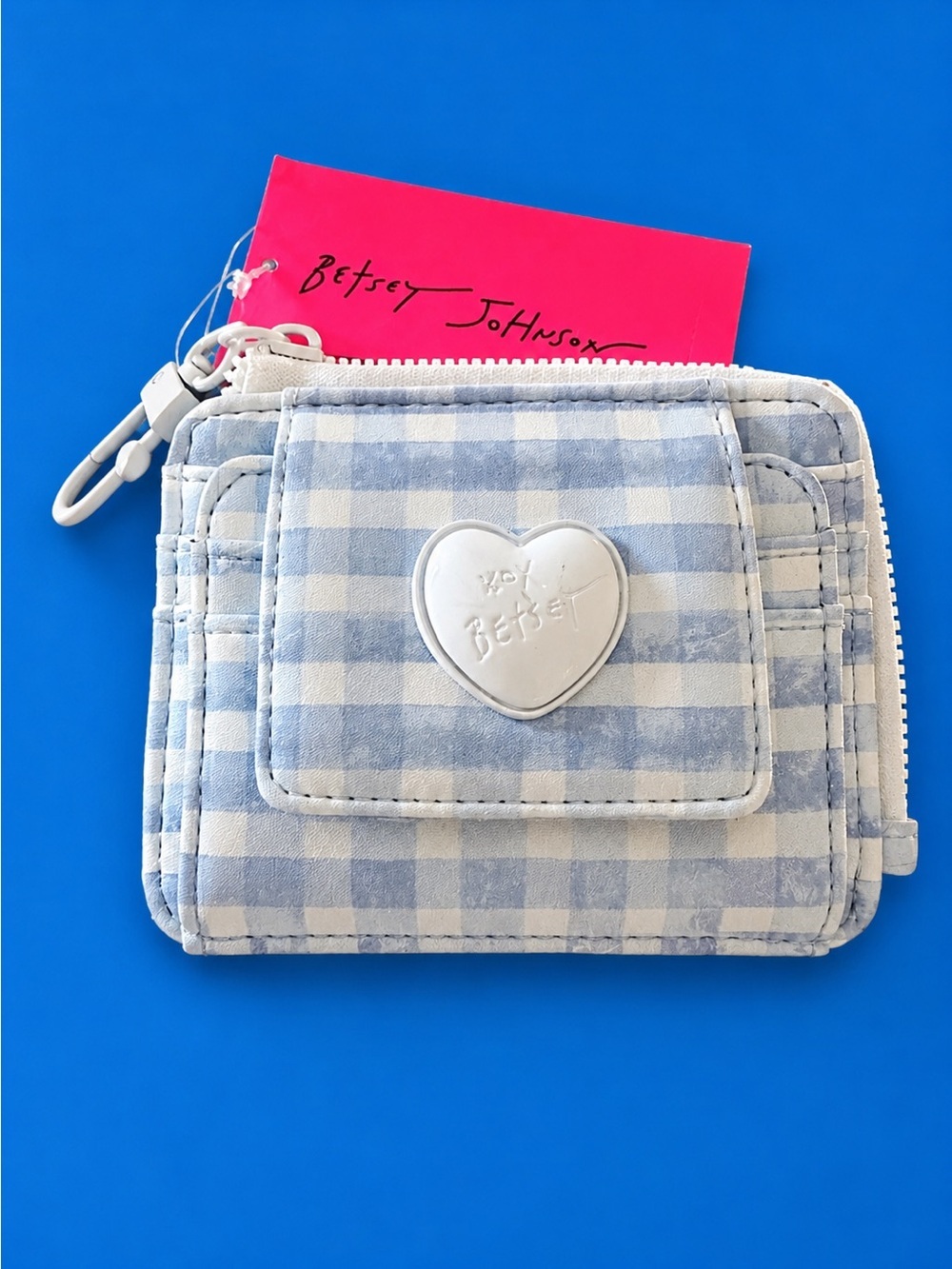 NWT 🩵💙🩵 Betsey Johnson Light Blue & White Gingham Card Wallet with Heart Emblem